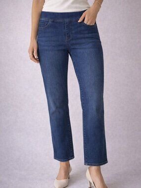 $70 Retail – Talbots Pull-On Stretch Denim Jeans Mid Rise Straight Leg Blue